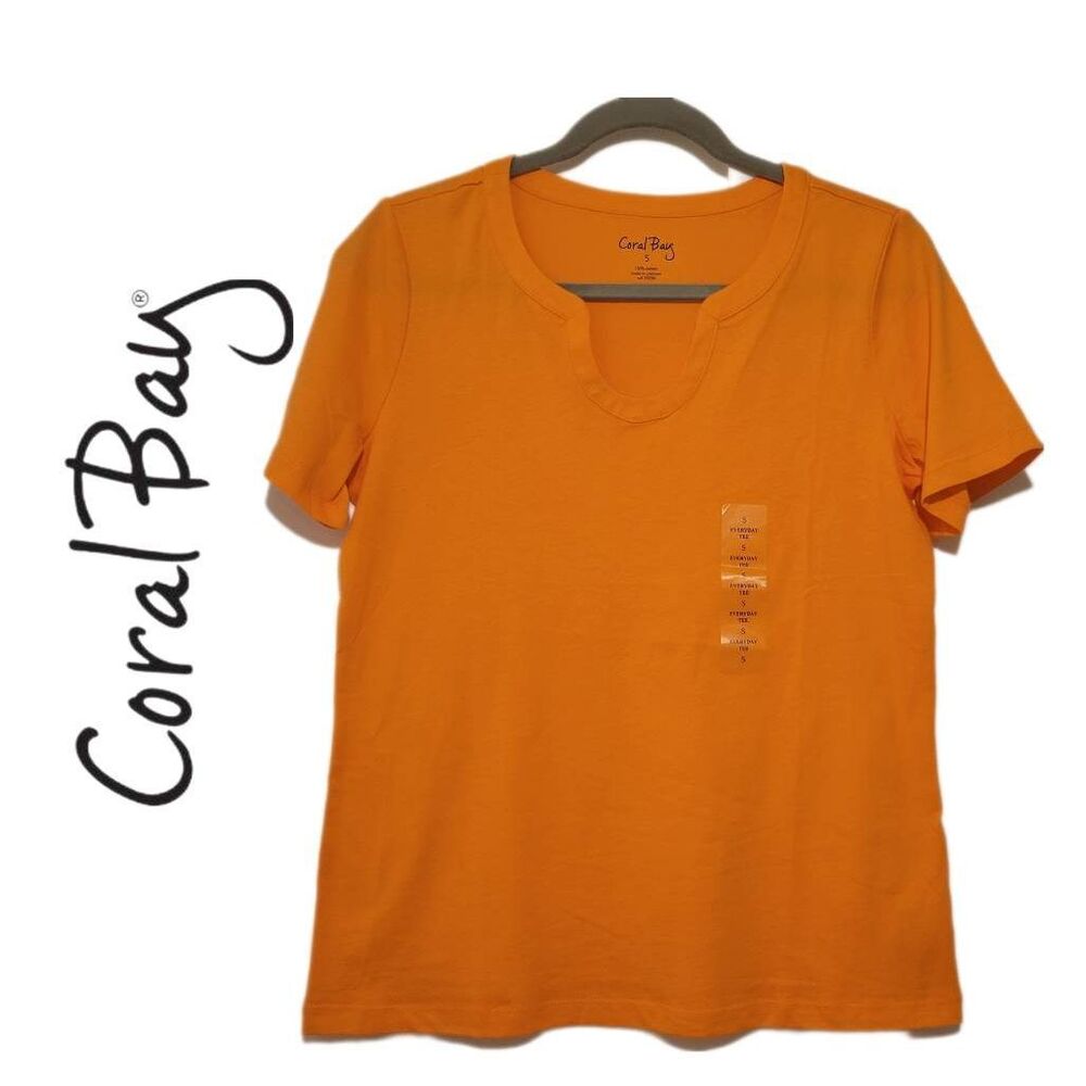 Coral Bay Womens Solid Horseshoe Short Sleeve Top Small Orange
